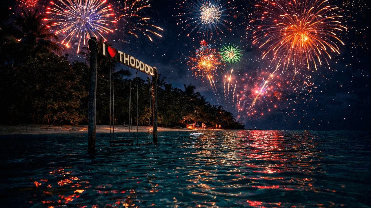 Fuegos artificiales en la isla Thoddoo