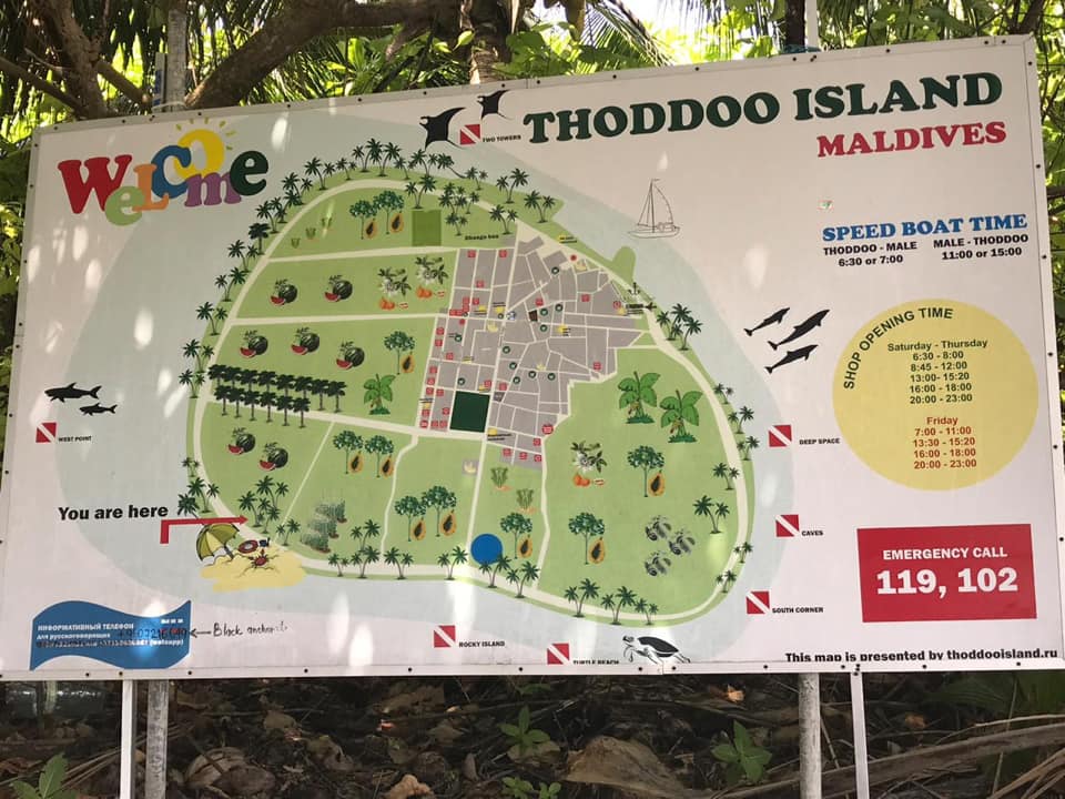 Welcome map of Thoddoo island with speedboat times