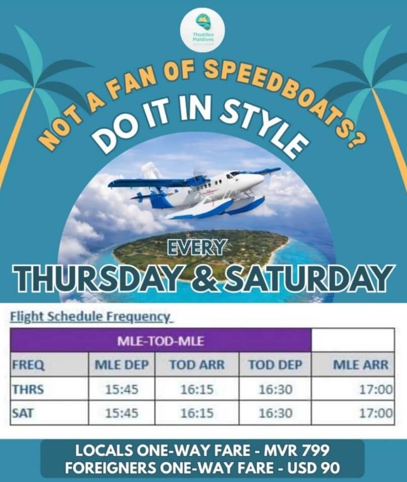 Poster with the seaplane flight schedule to Thoddoo on Thursday and Saturday